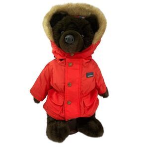 Vintage L.L. Bean Red Teddy Bear Coat Black Bear Includes Bear Stand